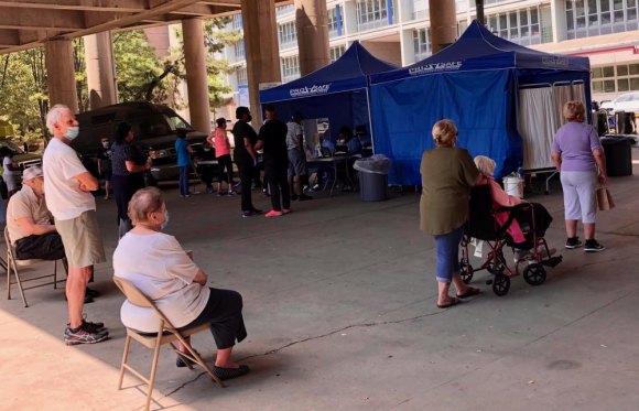 COVID-19 Testing, First Day Brings Steady Traffic A separate line to testing for seniors.